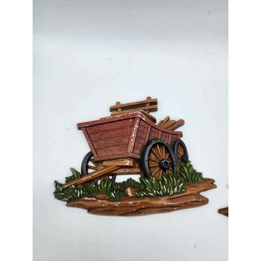 Vintage Homco Rustic Farm Wall Plaques Set of 3 Wagon Mailbox Axe Wood Stump